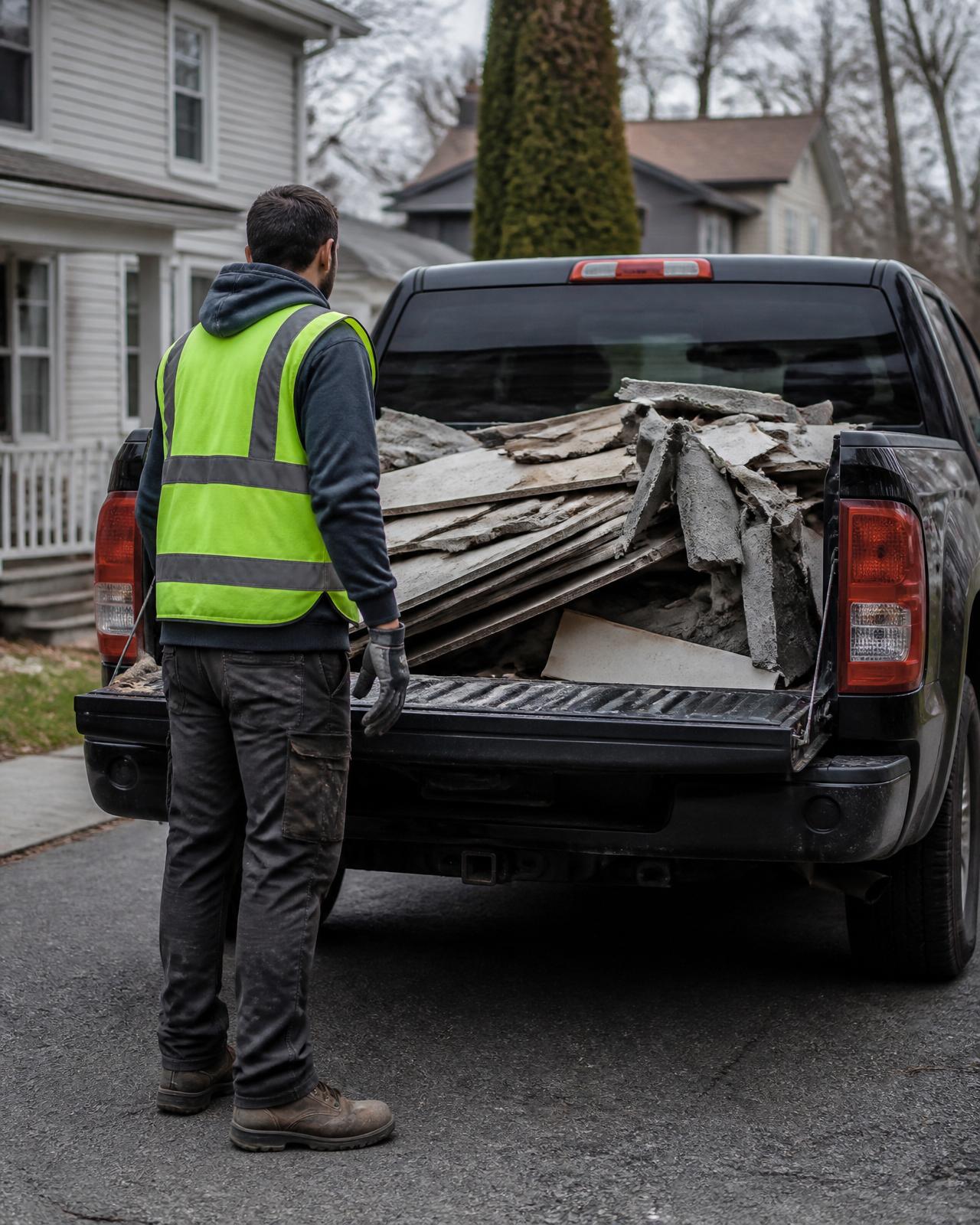 OPK worker in hi-vis vest unloading debris from a pickup truck