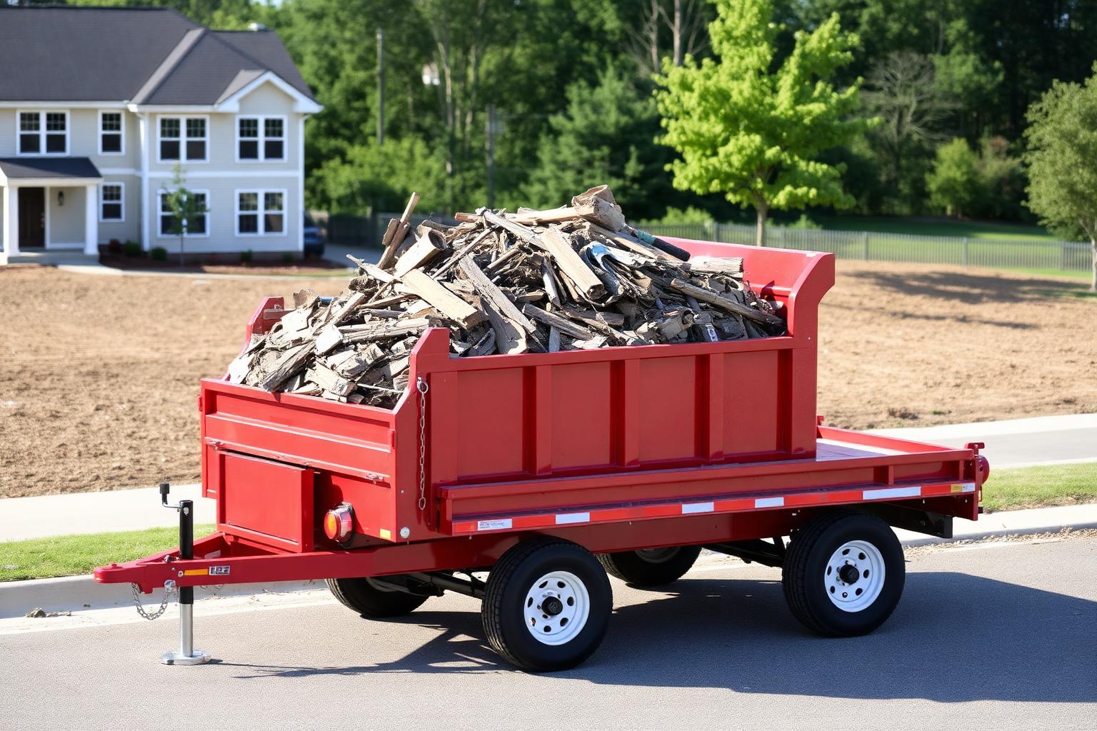 Red dump trailer loaded with debris